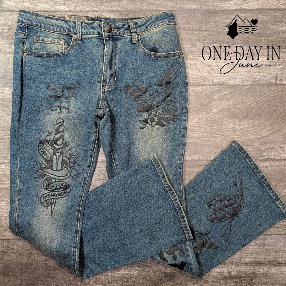 Ed Hardy Low Rise Bootcut Jeans Tattoo Mother Graphic Medium Tint NWT Size L